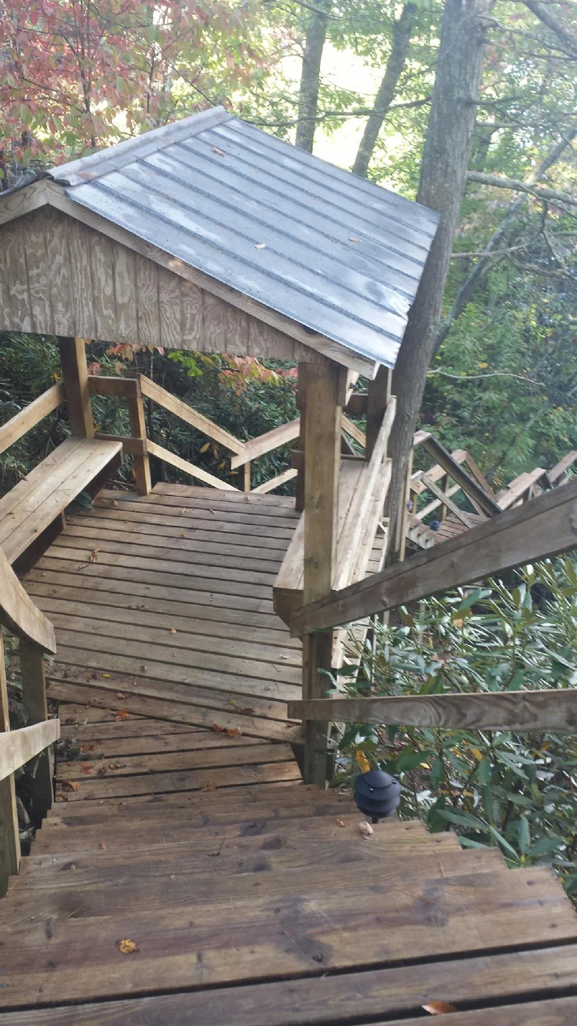 Metal roofed shelter over wooden steps on a wooded walkway — Skylight Repair & Installation work by our crew in Loveland